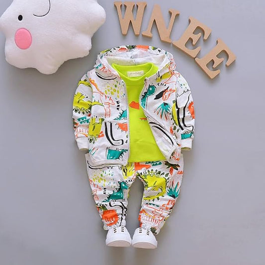 Boy's Cotton Printed Hoodie Sweatshirt with Joggers in White Baby Boys Clothing Set