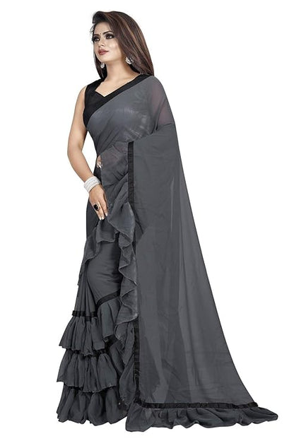 Market Magic World Women's Plain Georgette Ruffle Saree with Blouse