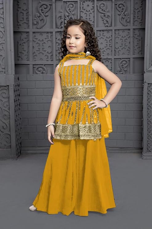 Dhvrafashion' GirlsCrepe Casual Embroidered Kurta & Sharara Set With Dupatta For Kids