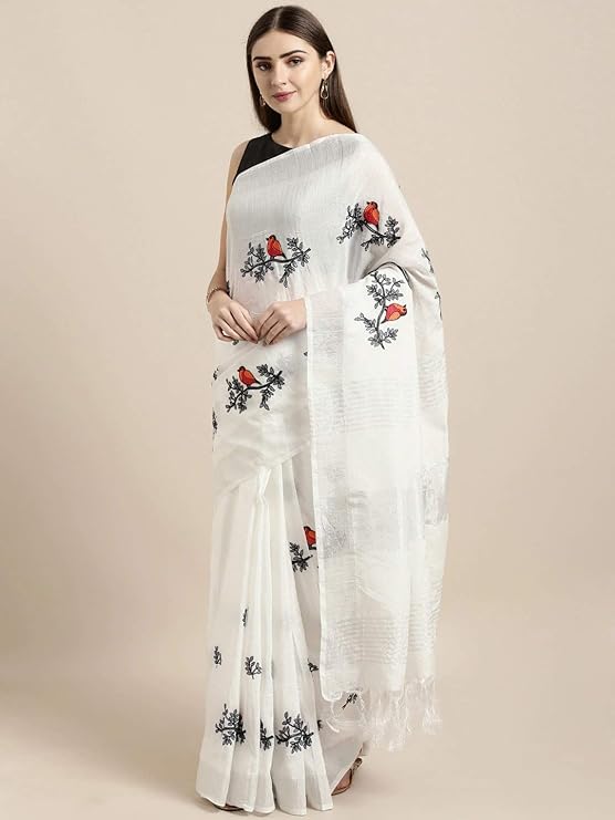 Anni Designer Women's Woven Linen Saree (BEYHADH_WHITE)