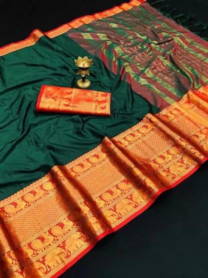 Shivaarya Woven Narayanpet South Silk Pure Cotton Large Zari Border Elephant Border Saree - Green