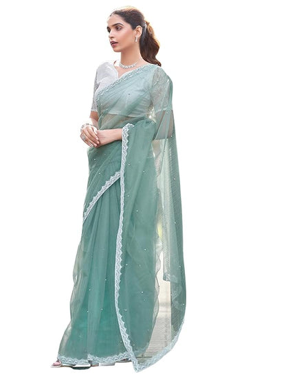 Women's Shimmer Net Pearl Work & Lace Saree with Unstitched Blouse Piece