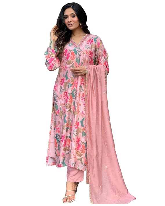 Women's Rayon Blend Printed Straight Kurta with Pant & Dupatta