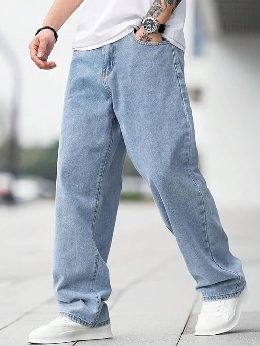 Men Relaxed Fit Mid Rise Baggy Light Blue Jeans