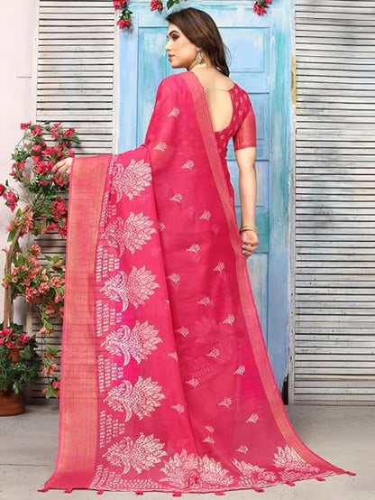 Women's Printed Zari Patta Poly Cotton Saree with Unstitched Blouse Piece