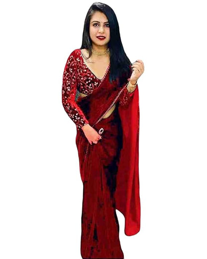 BRAHMSHAKTI Women's Solid Lycra Velvet Beautiful Ethinic Wear Saree With Unstiched Blouse Piece