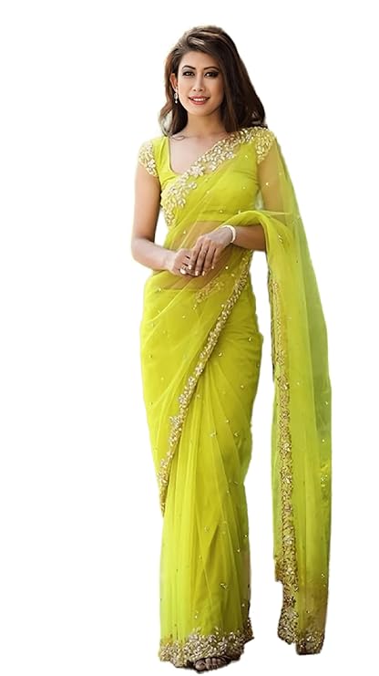 Women's Perrot Green Embroidered Saree with blouse peice