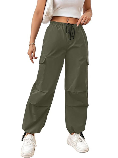 Women's & Girls' Solid Drawstring Waist Flap Pocket Side Parachute Cargo Pants