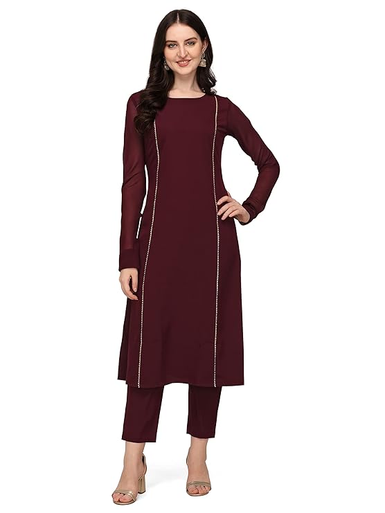 Women's Maroon Poly Crepe A-Line Kurta Set With Dupatta