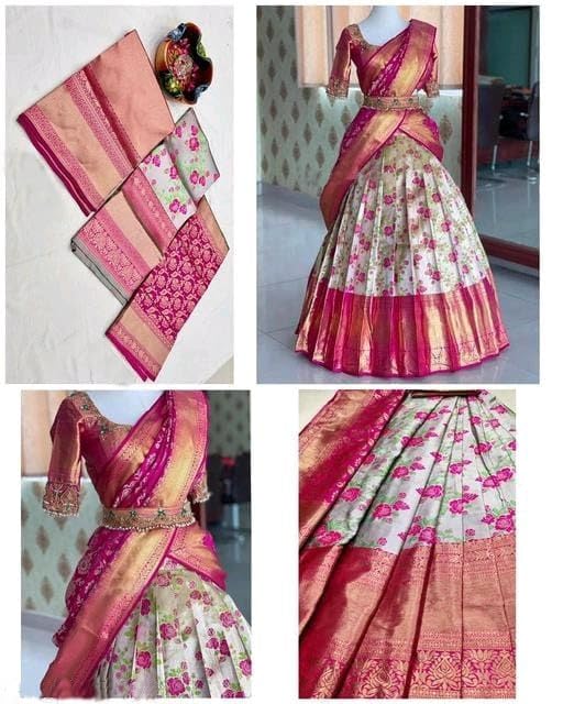 Women's Indian Traditional Unstitched Kanjivaram Silk Pure Weaving Lehenga Choli Along With Dupatta Attach With Unstitch Blouse Piece