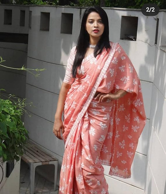 Block Printed Pure Cotton Mulmul Saree For Women With Unstitched Blouse Price