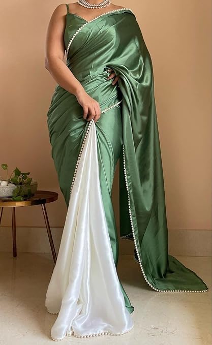 BRAHMSHAKTI Womens Satin Half Half Collection Saree With Blouse Piece