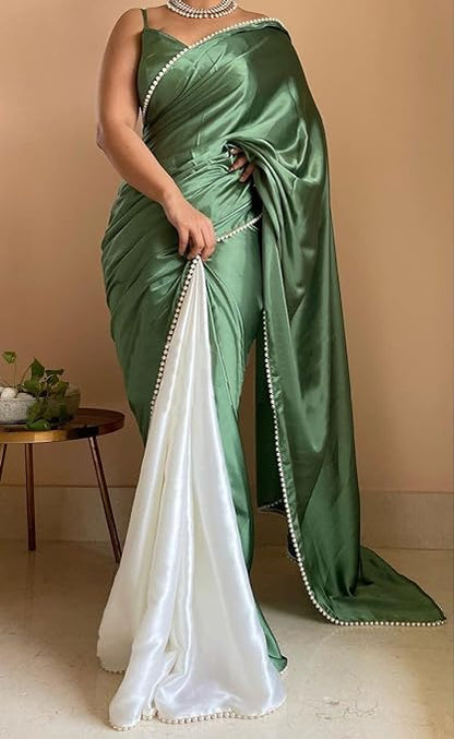 BRAHMSHAKTI Womens Satin Half Half Collection Saree With Blouse Piece