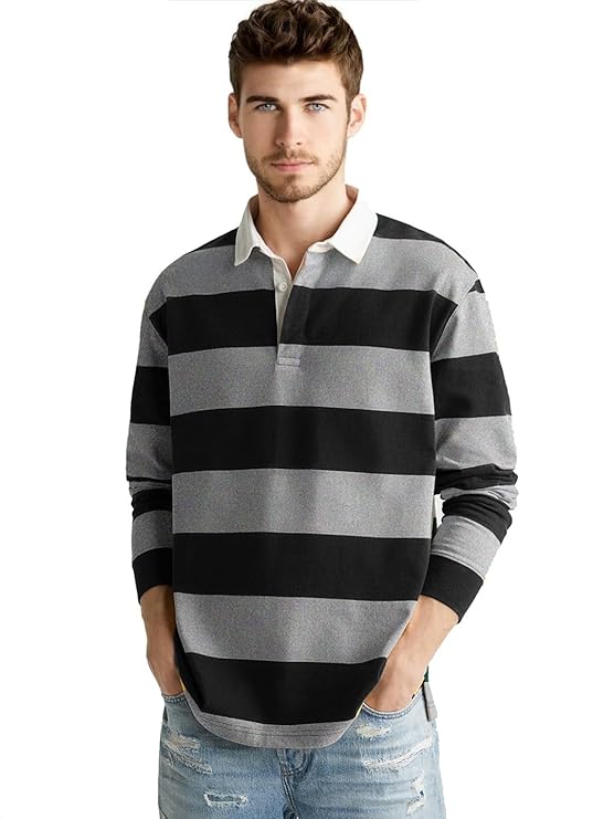 LEWEL Men's Stylish Polo Neck Striped Full Sleeve T-Shirt (Grey)