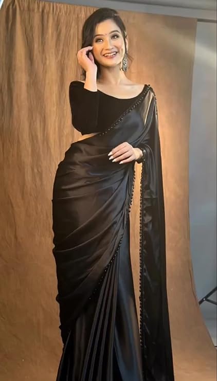 SHOPAZ Women's Ready to Wear Satin Silk 1 Minute Pre Pleated Heavy Saree with Hand Work Lace