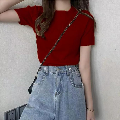 Istyle Can Plain Round Neck Rib Knit Regular Top for Women