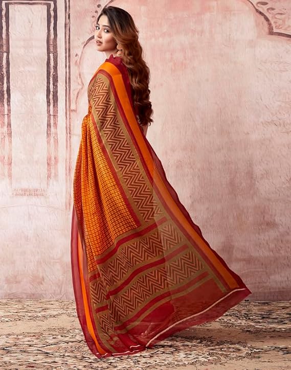 Women's Printed Georgette Alia Bhatt Saree with Unstitched Blouse Piece