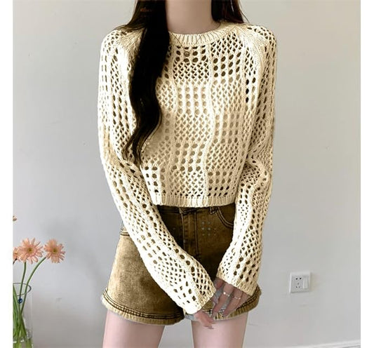 Long-Sleeve Round Neck Plain Perforated Knit Top