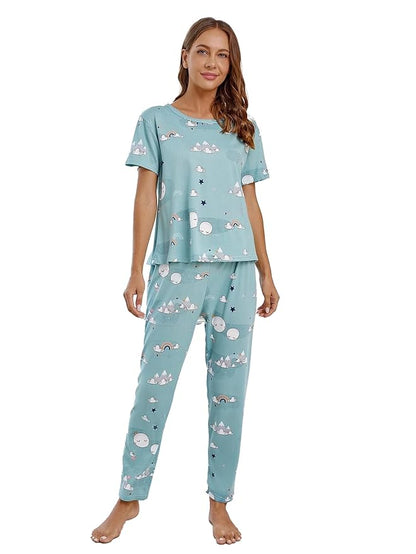 Printed Round Neck Short Sleeve Nightsuit Set