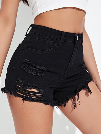 Aahwan Solid High Waist Ripped Raw Trim Denim Shorts Casual Summer Shorts for Women's & Girls