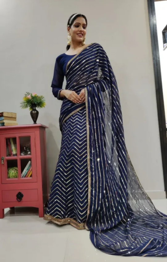 Heavy Embroidered Blue Lehenga Saree Set