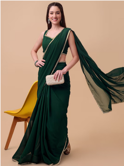 Green & Gold-Toned Mirror Work Saree