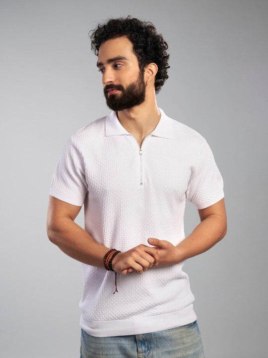 Self Design Polo Collar Cotton T-shirt