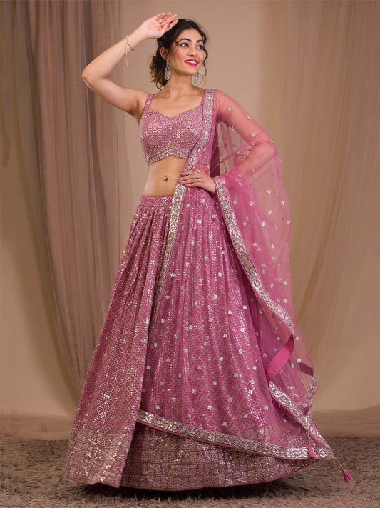 Women Pink Organza Embroidery Sequin Sweetheart Neck Lehenga Blouse Set For Women