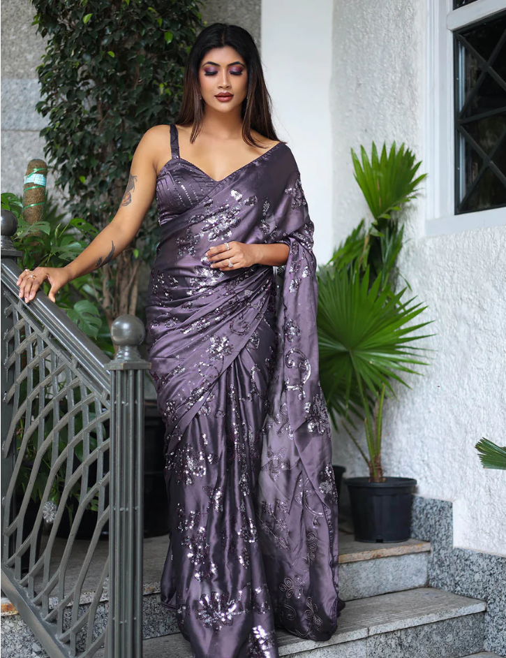 Women Odette Purple Sequin Saree with Unstitched Blouse