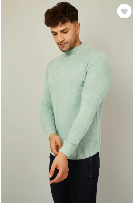 KVETOO  Men Solid High Neck Green Sweater