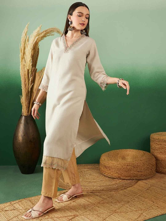 Embroidered V-Neck Straight Cotton Kurta