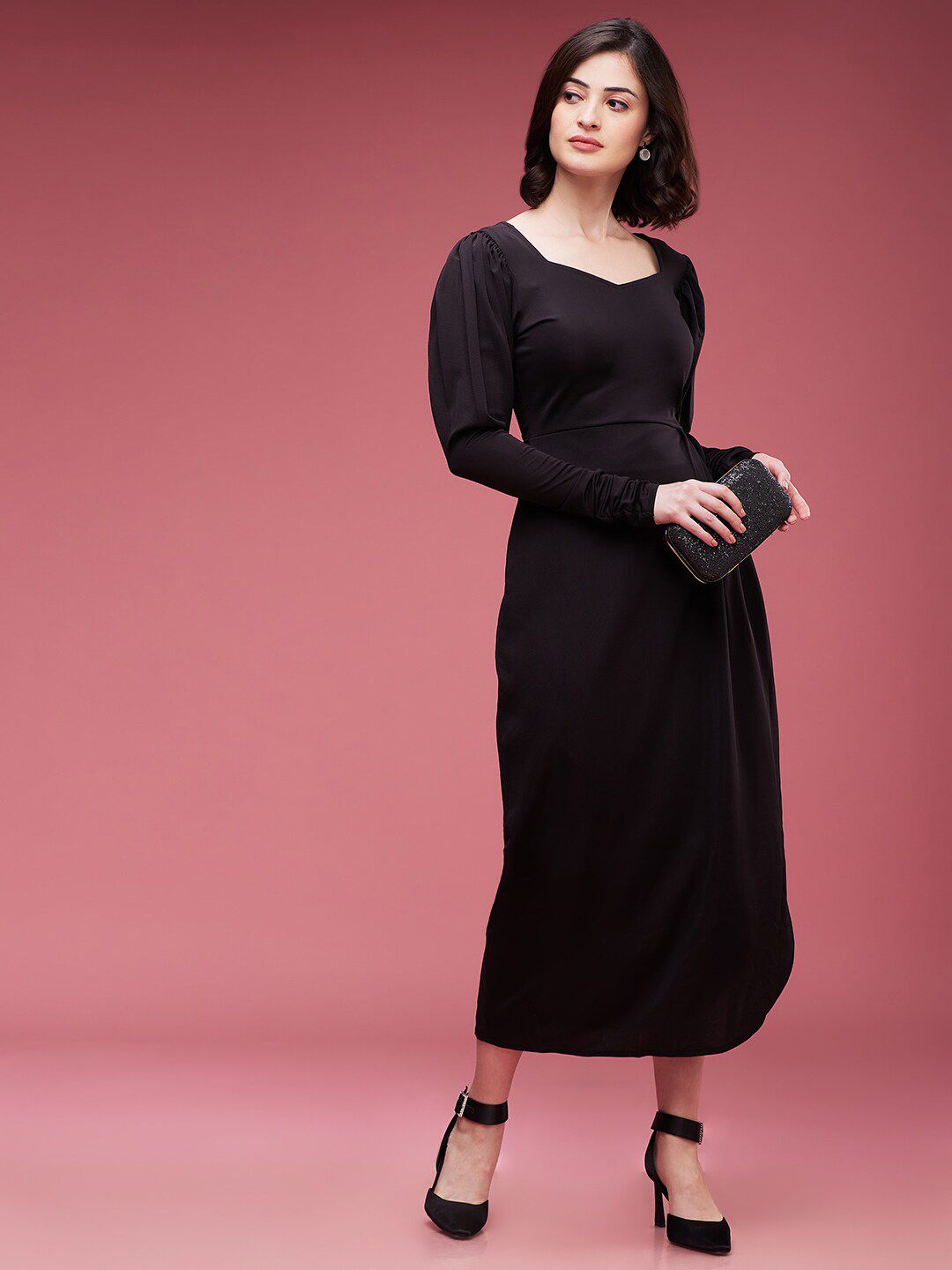 Black Puff Sleeves A-Line Midi Dress