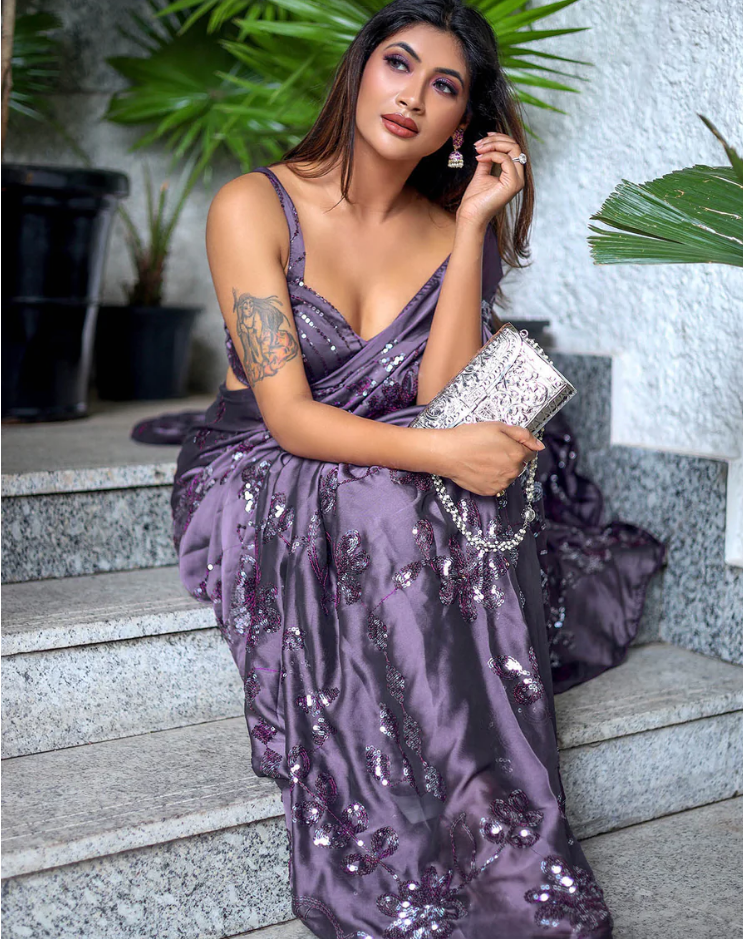 Women Odette Purple Sequin Saree with Unstitched Blouse