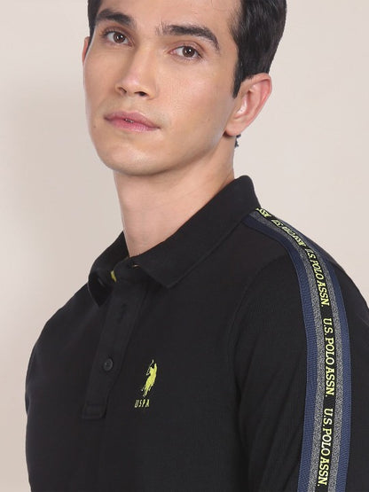 Men Black Brand Logo Embroidered Polo Collar Pure Cotton Slim Fit T-shirt