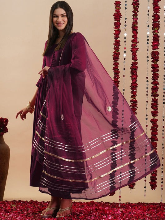 Round Neck Pleated Anarkali Kurta With Trousers & Dupatta