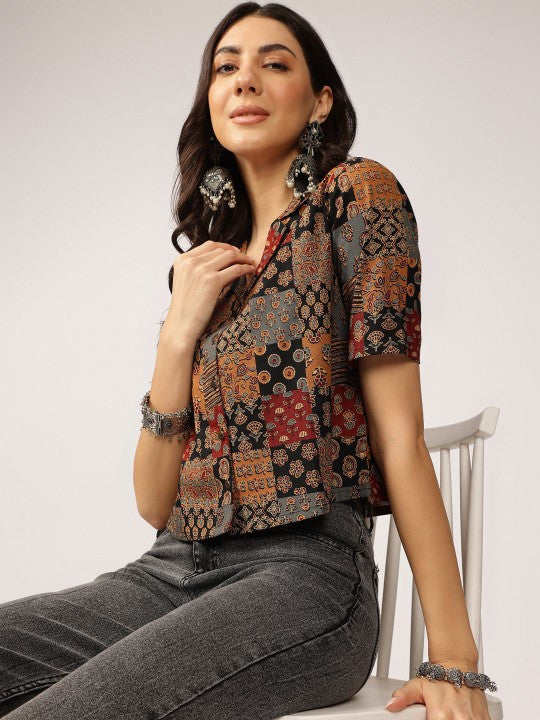 Ethnic Printed Cuban Collar Pure Cotton Shirt Style Top