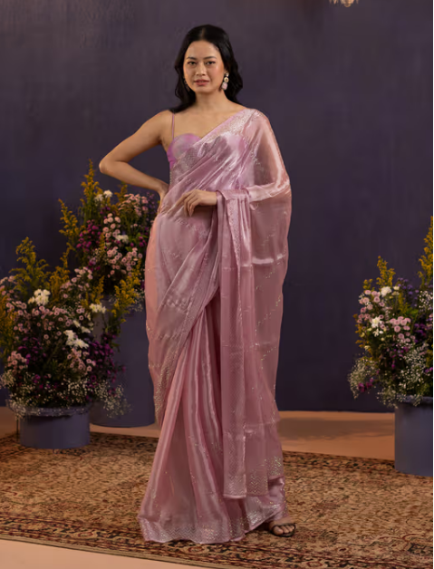 Gajra Gang Glitterati Mauve Shimmery Diamante Silky Chiffon Saree