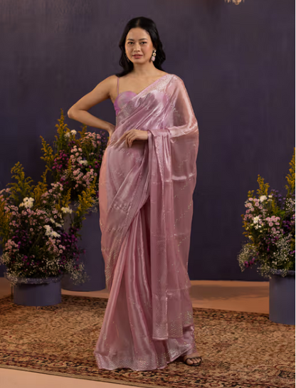 Gajra Gang Glitterati Mauve Shimmery Diamante Silky Chiffon Saree