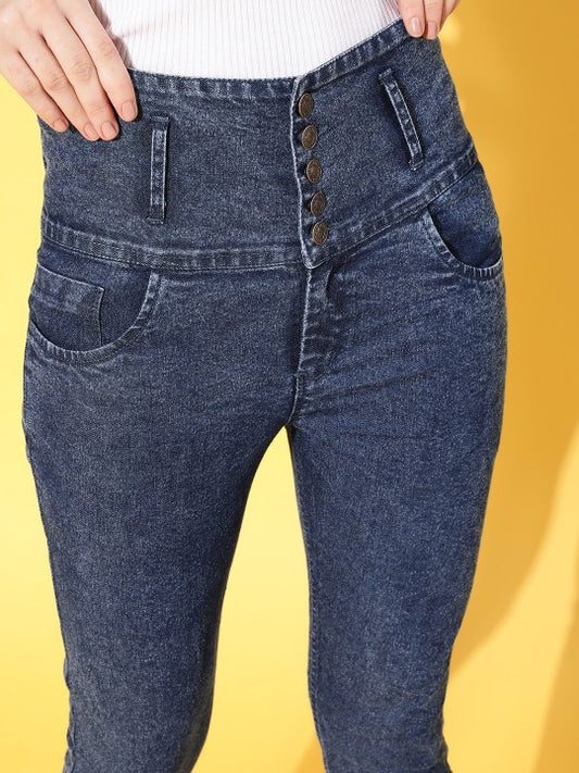 Women High Rise Cotton Lycra Slim Fit Blue Solid Jeans 30