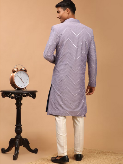 SHRESTHA BY VASTRAMAY Men Purple Mirror Work Front Open Sherwani Over Kurta Pyjama Set