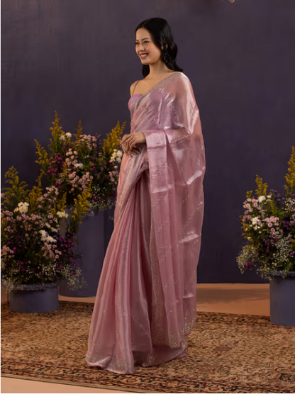 Gajra Gang Glitterati Mauve Shimmery Diamante Silky Chiffon Saree