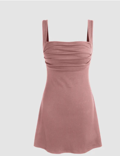 Ruched Square Neck Mini Dress In Dusty Pink