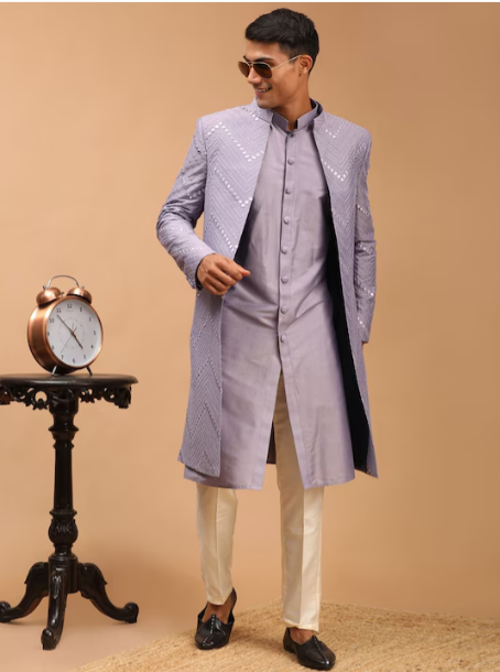 SHRESTHA BY VASTRAMAY Men Purple Mirror Work Front Open Sherwani Over Kurta Pyjama Set