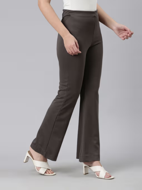 Women Solid Medium Grey High Rise Ponte Bell Bottoms