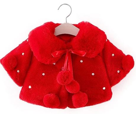 Bold N Elegant Wool Faux Fur Warm Winter Outerwear Baby Jacket Cape Coat Poncho Wrap with Soft Plush Pompom and Pearls for Infant Toddler Baby Girls