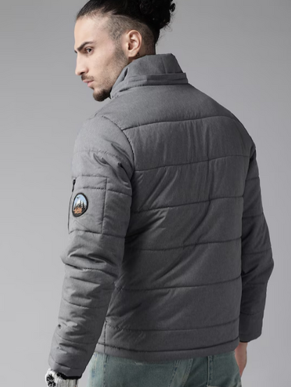 Men Charcoal Grey Solid Padded Jacket