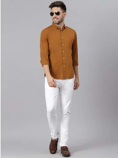 Men Brown Slim Fit Cotton Solid Casual Shirt