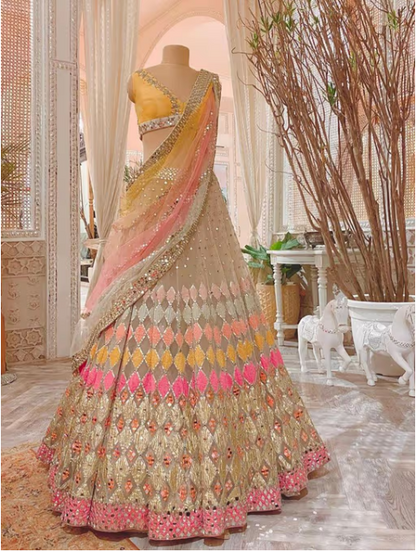 Multicolored Net Sequence Semi-Stitched Lehenga Choli