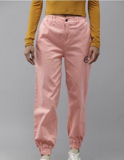 Women Peach-Coloured Solid Joggers