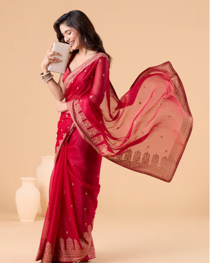 Love Defined Red Georgette Embroidered Party Saree and Unstitched Blouse